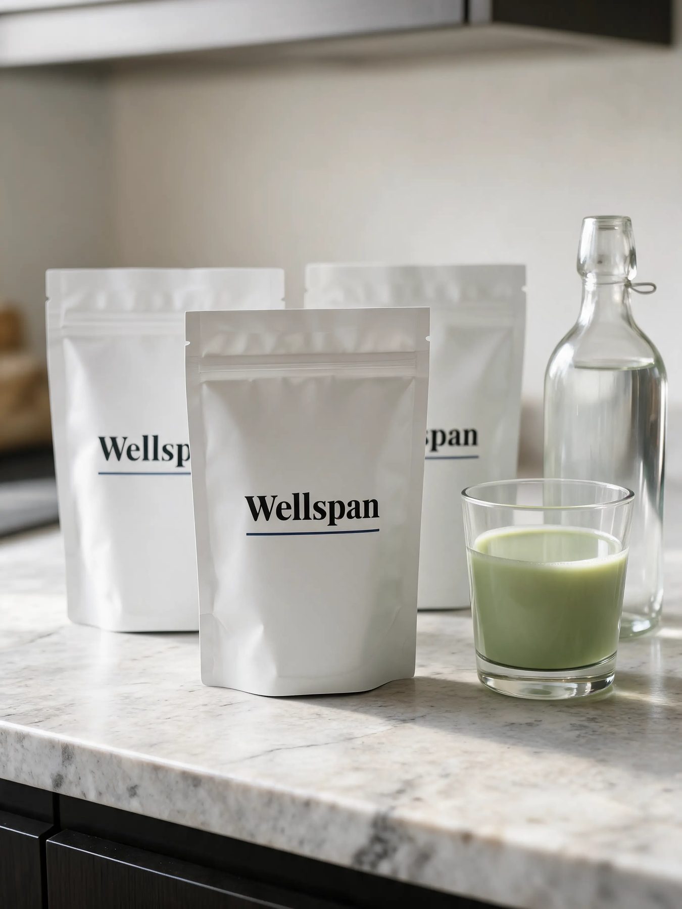 Glass jars of wellness powders and capsules in soft morning light